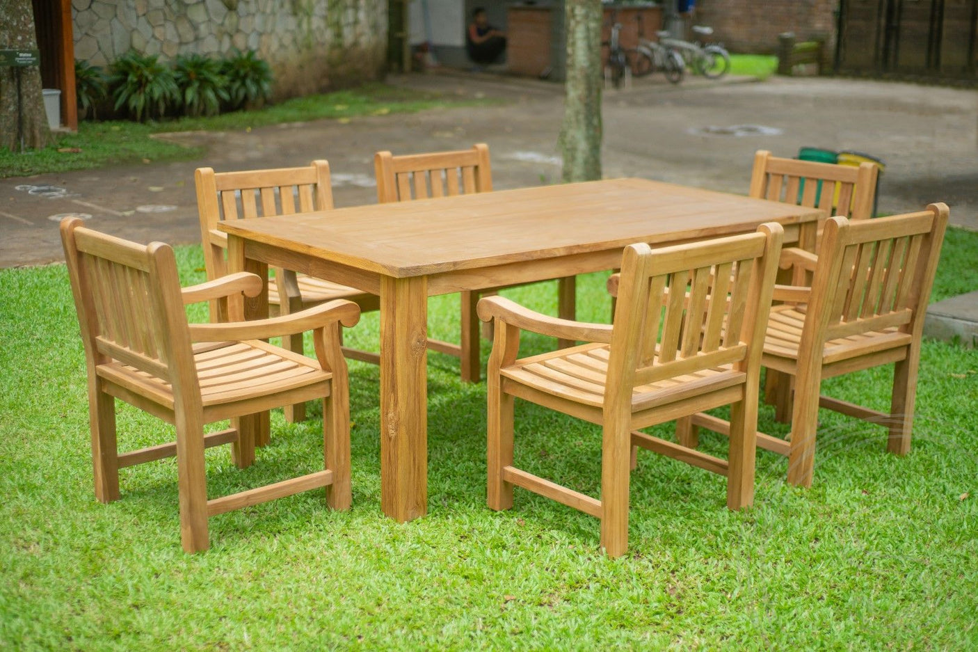 Teakholz Gartentisch 200 x 90 + 6 Gartenstühle Elephant