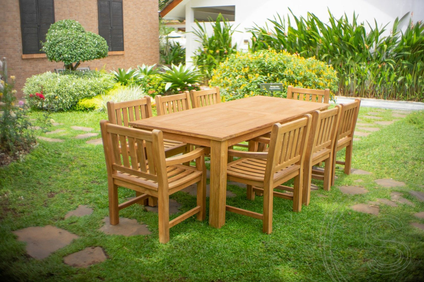 Teakholz Gartentisch 240 x 100 + 8 Gartenstühle Elephant