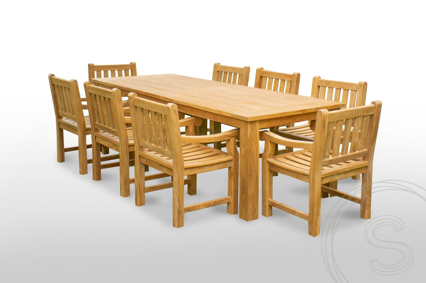 Teakholz Gartentisch 260 x 100 + 8 Gartenstühle Elephant
