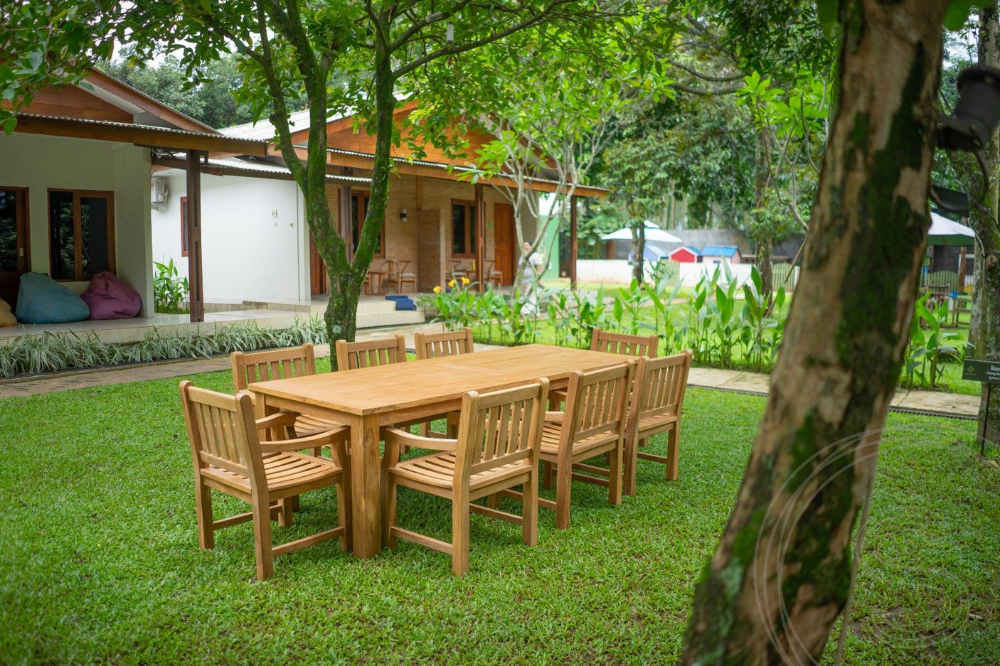 Teakholz Gartentisch 260 x 100 + 8 Gartenstühle Elephant