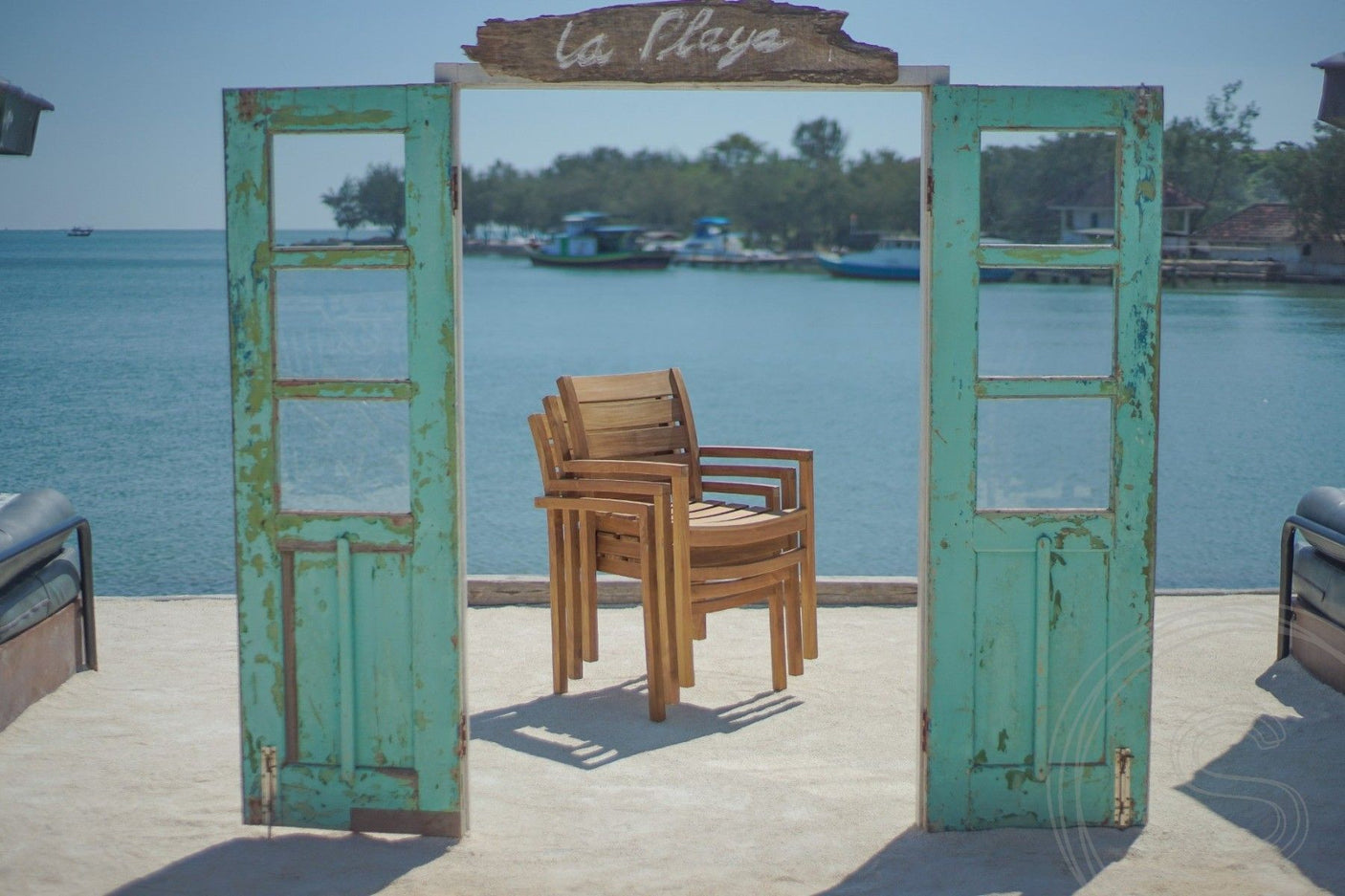 Teakholz Gartentisch 240 x 100 + 8 Gartenstühle Stacking