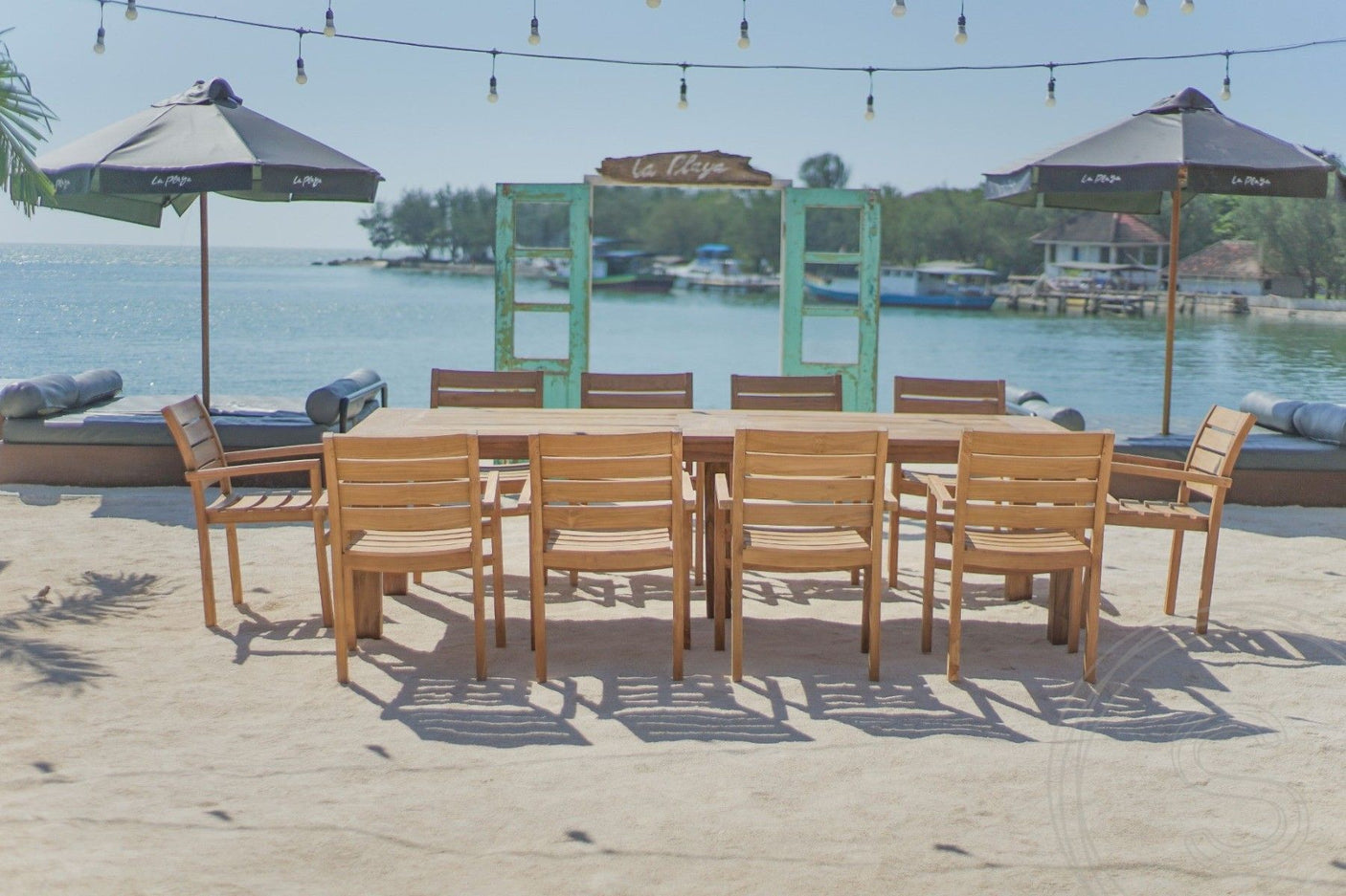 Teakholz Gartentisch 280 x 100 + 10 Gartenstühle Stacking