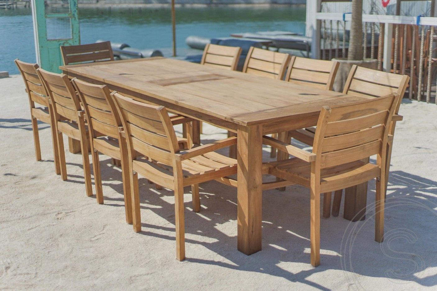 Teakholz Gartentisch 300 x 100 + 10 Gartenstühle Stacking