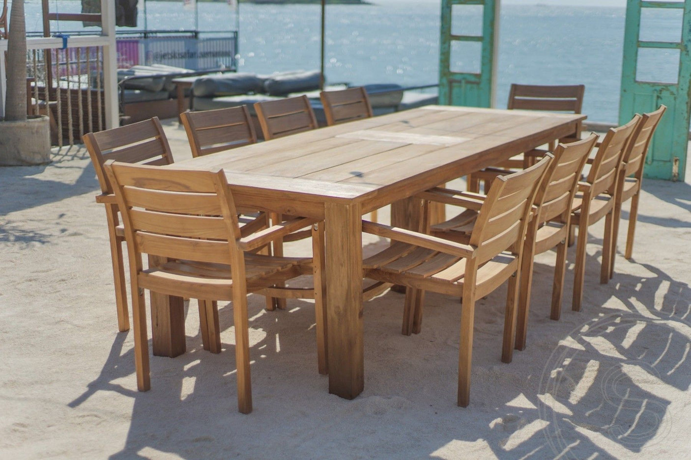 Teakholz Gartentisch 300 x 100 + 10 Gartenstühle Stacking