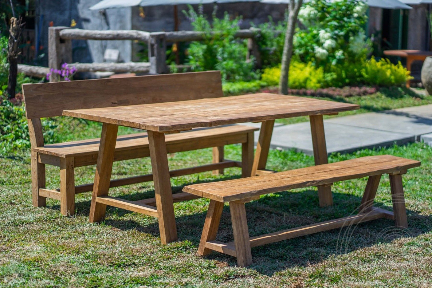 Teakholz Gartentisch Java 220 x 100 + 2 Teakholz Gartenbänke Java 220