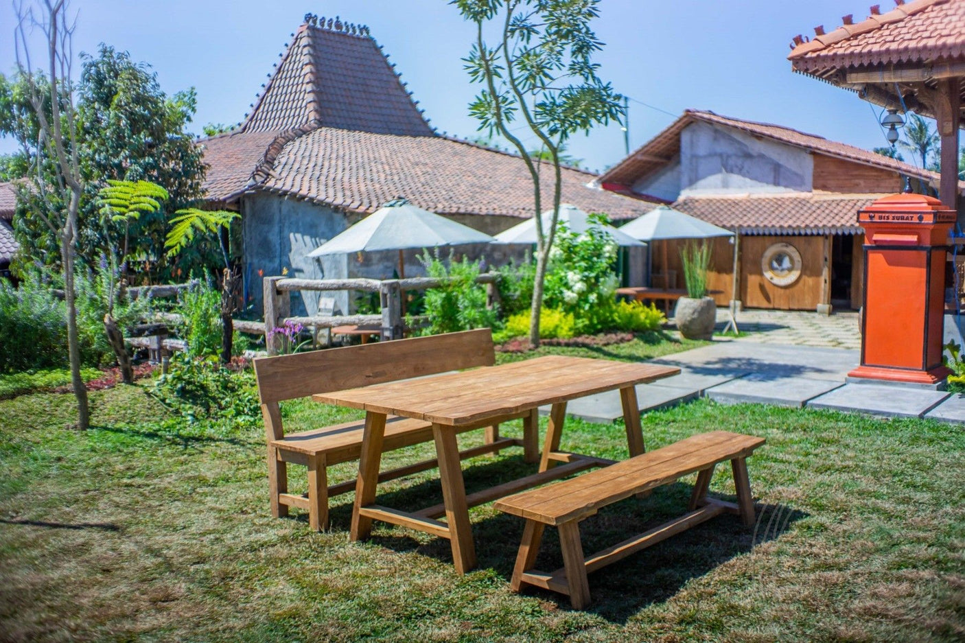 Teakholz Gartentisch Java 220 x 100 + 2 Teakholz Gartenbänke Java 220