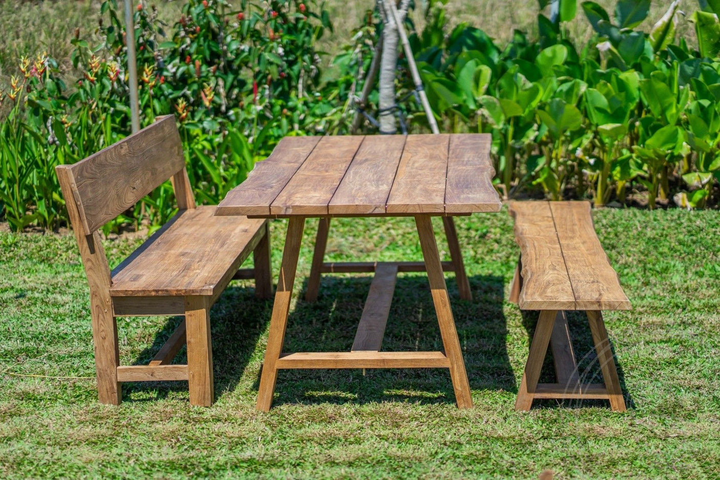 Teakholz Gartentisch Java 220 x 100 + Teakholz Gartenbank Java 220 + Teakholz Bank 200 Sandaran