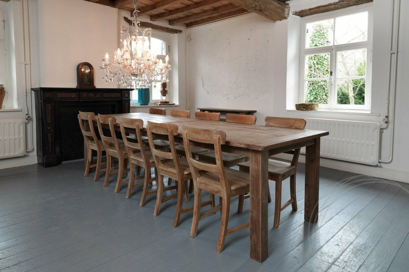 Dingklik Set: Tisch 300x100cm + 10 Stühle + Sidetable + Sideboard