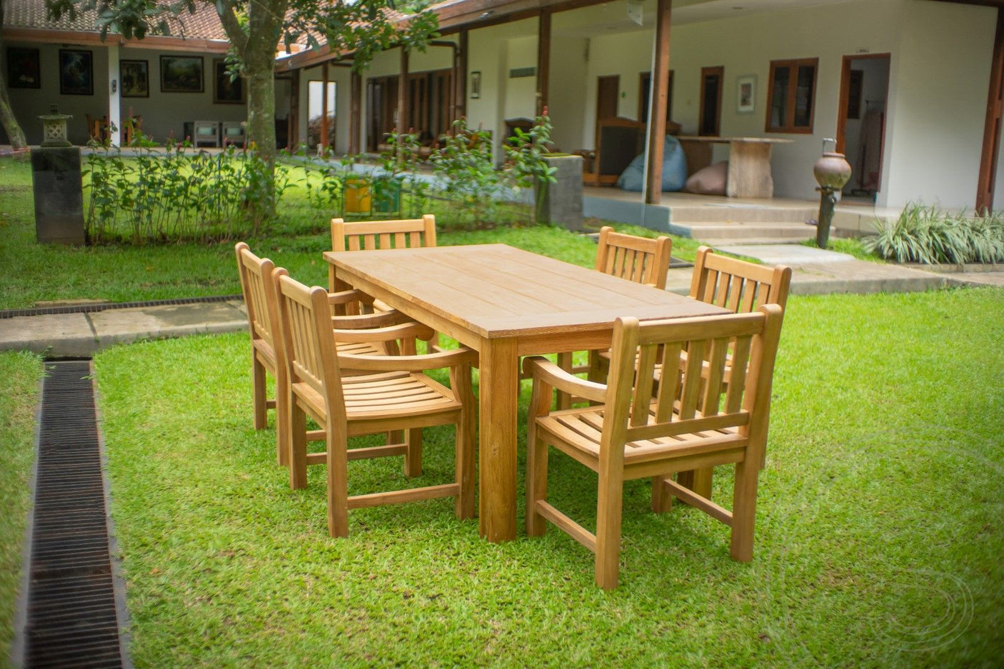 Teakholz Gartentisch 200 x 100 + 6 Gartenstühle Elephant