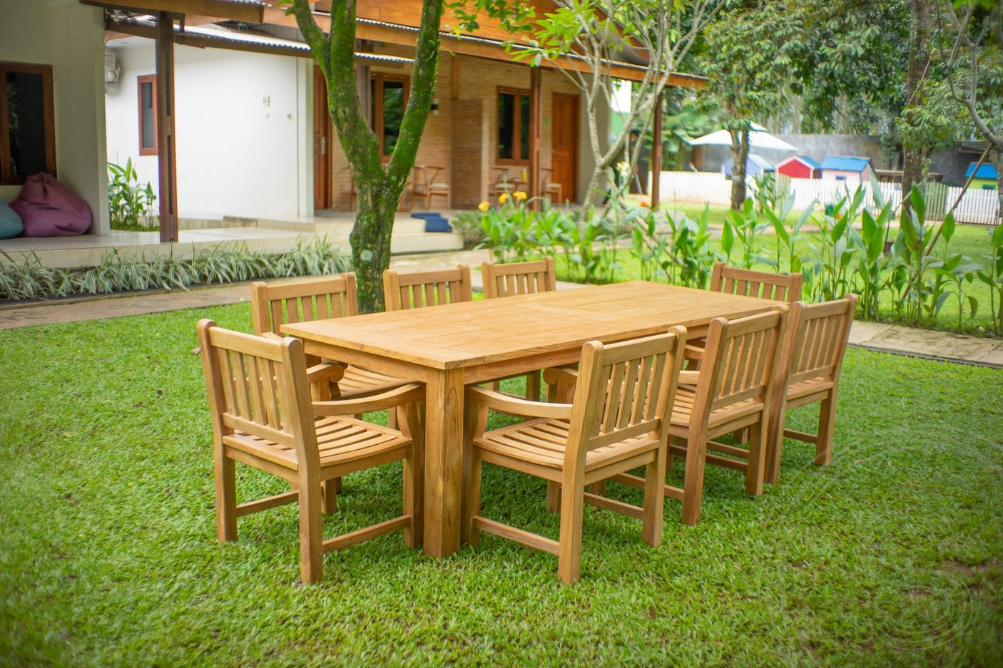 Teakholz Gartentisch 260 x 100 + 8 Gartenstühle Elephant