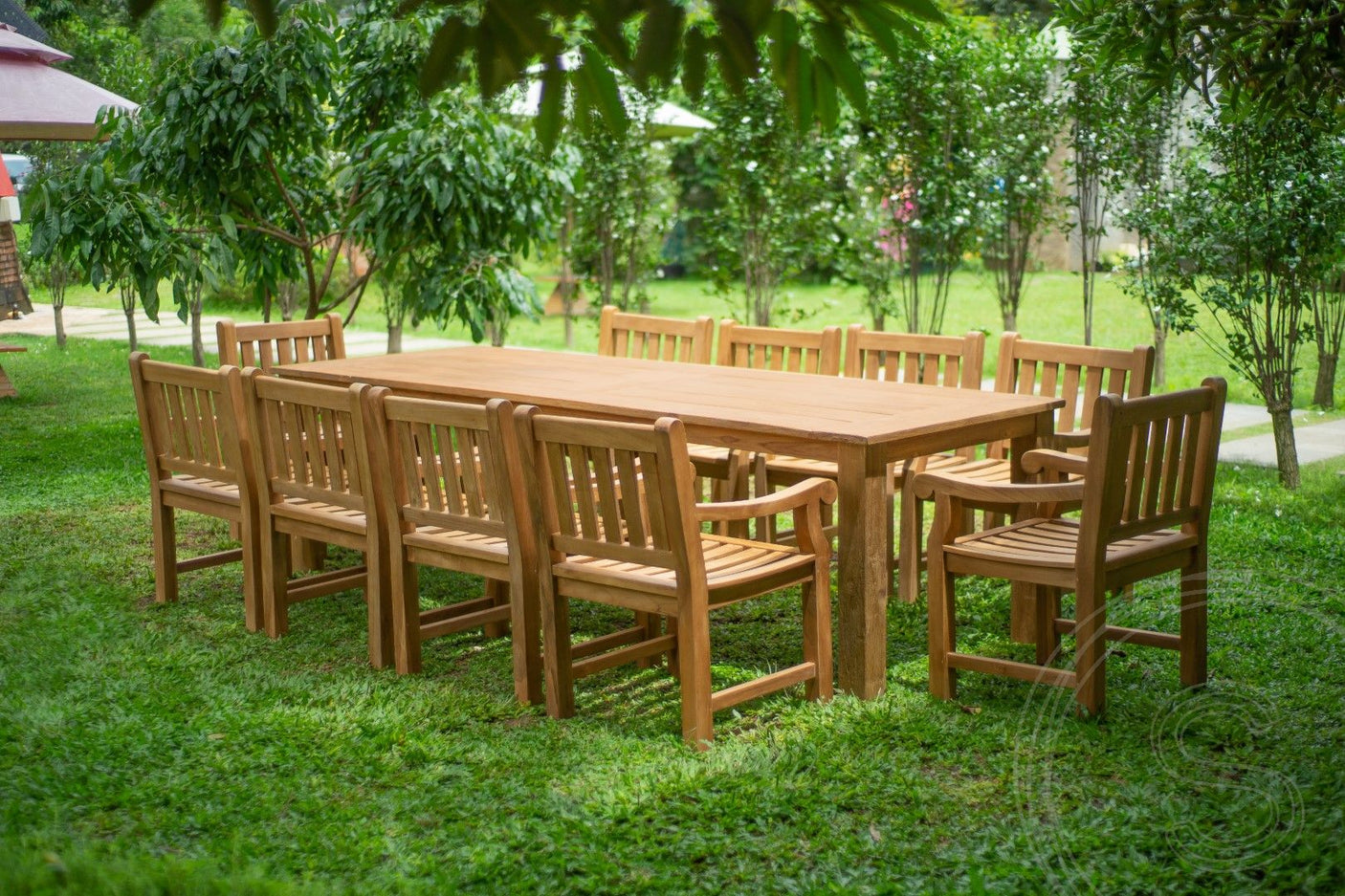 Teakholz Gartentisch 280 x 100 + 10 Gartenstühle Elephant