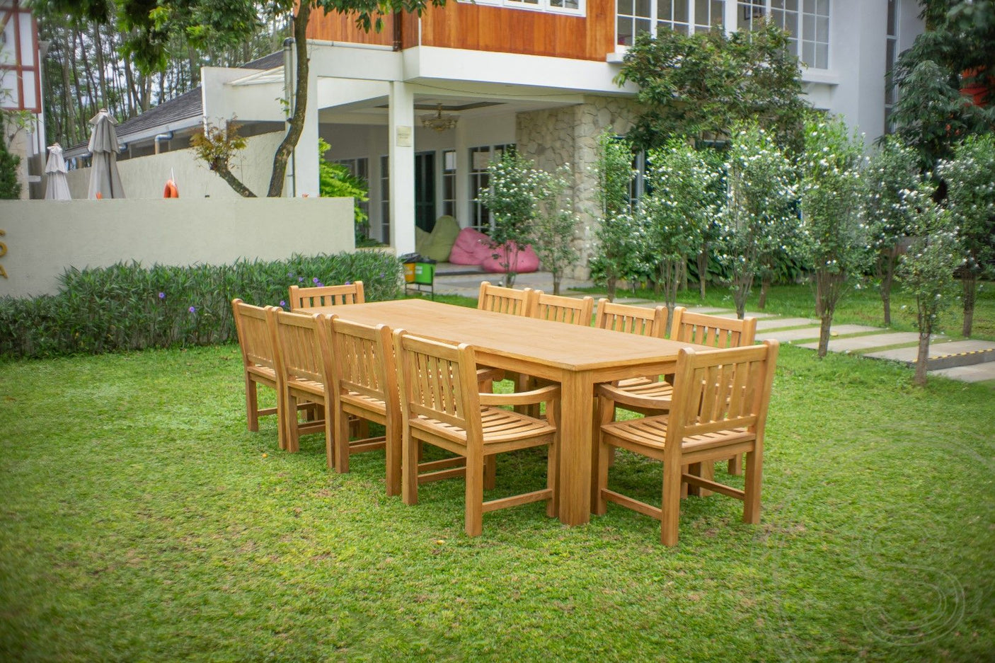 Teakholz Gartentisch 300 x 100 + 10 Gartenstühle Elephant