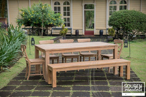 Teak Tisch 200x100 + 5 Stühle Kreuz + Bank 200