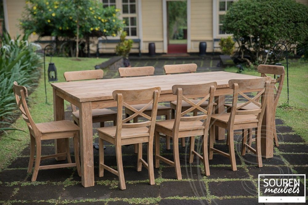 Teak Tisch 200x100 + 8 Stühle Kreuz