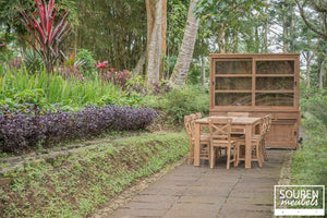 Teak Tisch 200x100 + 8 Stühle Kreuz + Vitrinenschrank 200