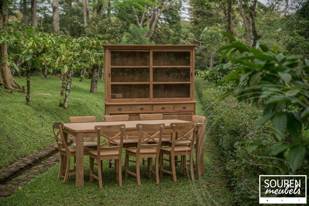 Teak Tisch 200x100 + 8 Stühle Kreuz + Buffetschrank 200