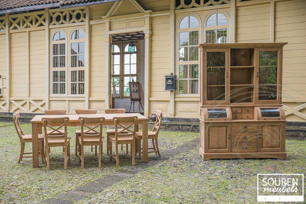 Teak Tisch 200x100 + 8 Stühle Kreuz + Schrank 160