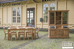 Teak Tisch 200x100 + 8 Stühle Kreuz + Schrank 160