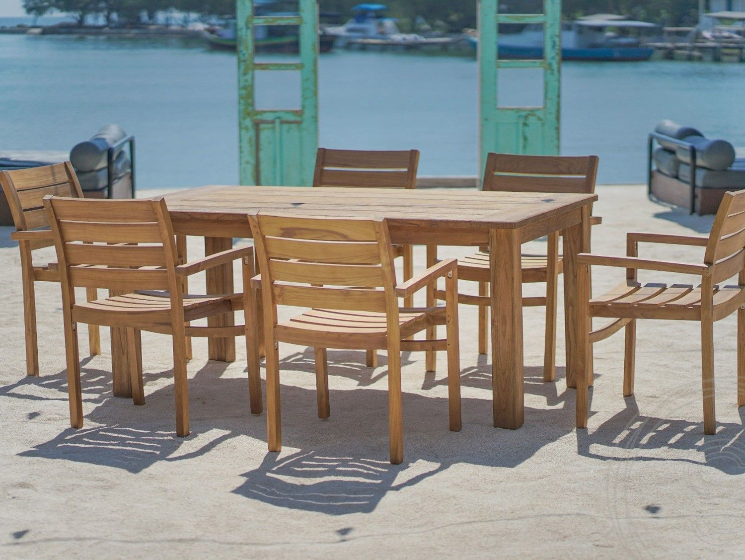 Teakholz Gartentisch 180 x 90 + 6 Gartenstühle Stacking