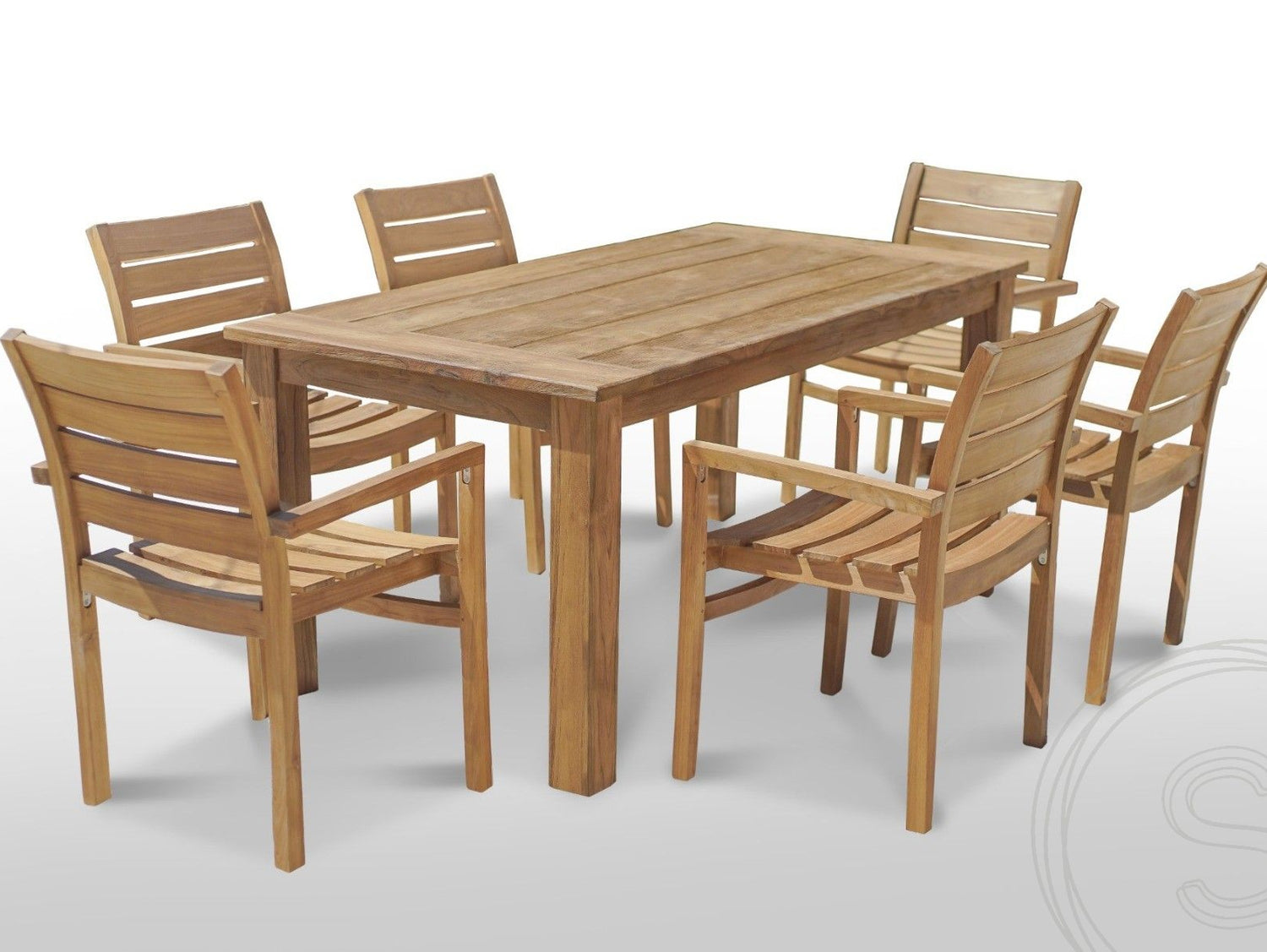 Teakholz Gartentisch 180 x 90 + 6 Gartenstühle Stacking