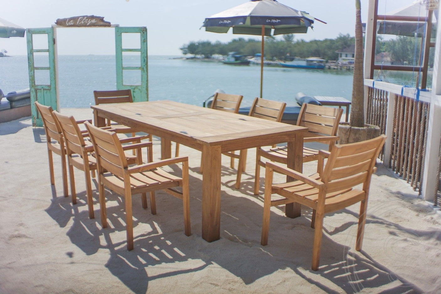 Teakholz Gartentisch 240 x 100 + 8 Gartenstühle Stacking