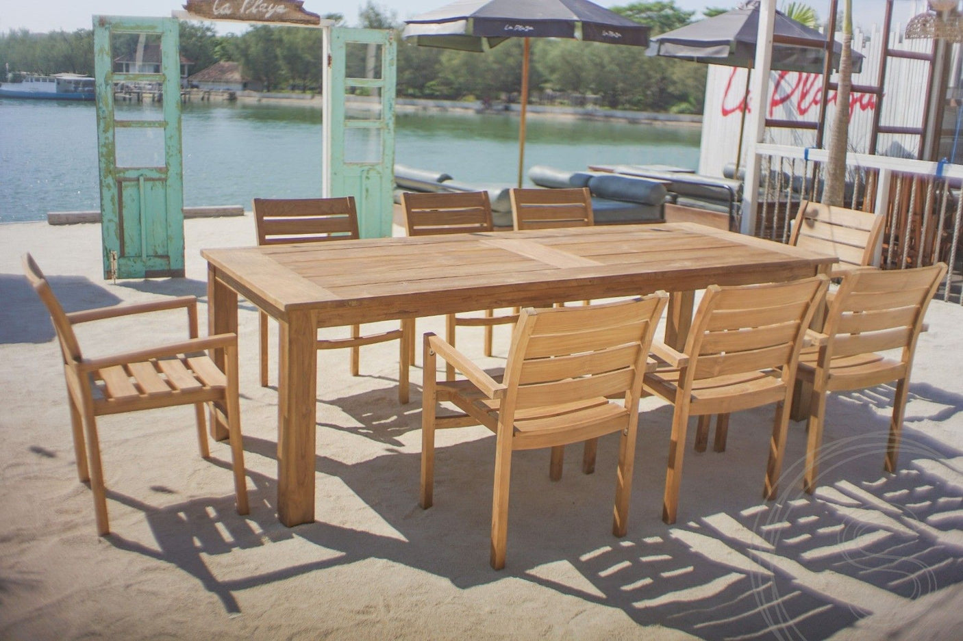 Teakholz Gartentisch 260 x 100 + 8 Gartenstühle Stacking