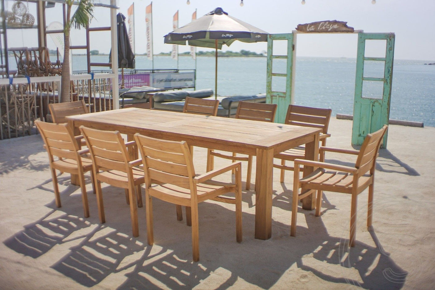 Teakholz Gartentisch 260 x 100 + 8 Gartenstühle Stacking