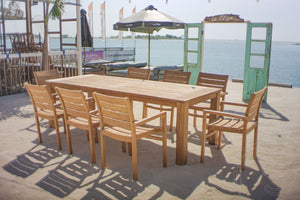 Teakholz Gartentisch 260 x 100 + 8 Gartenstühle Stacking