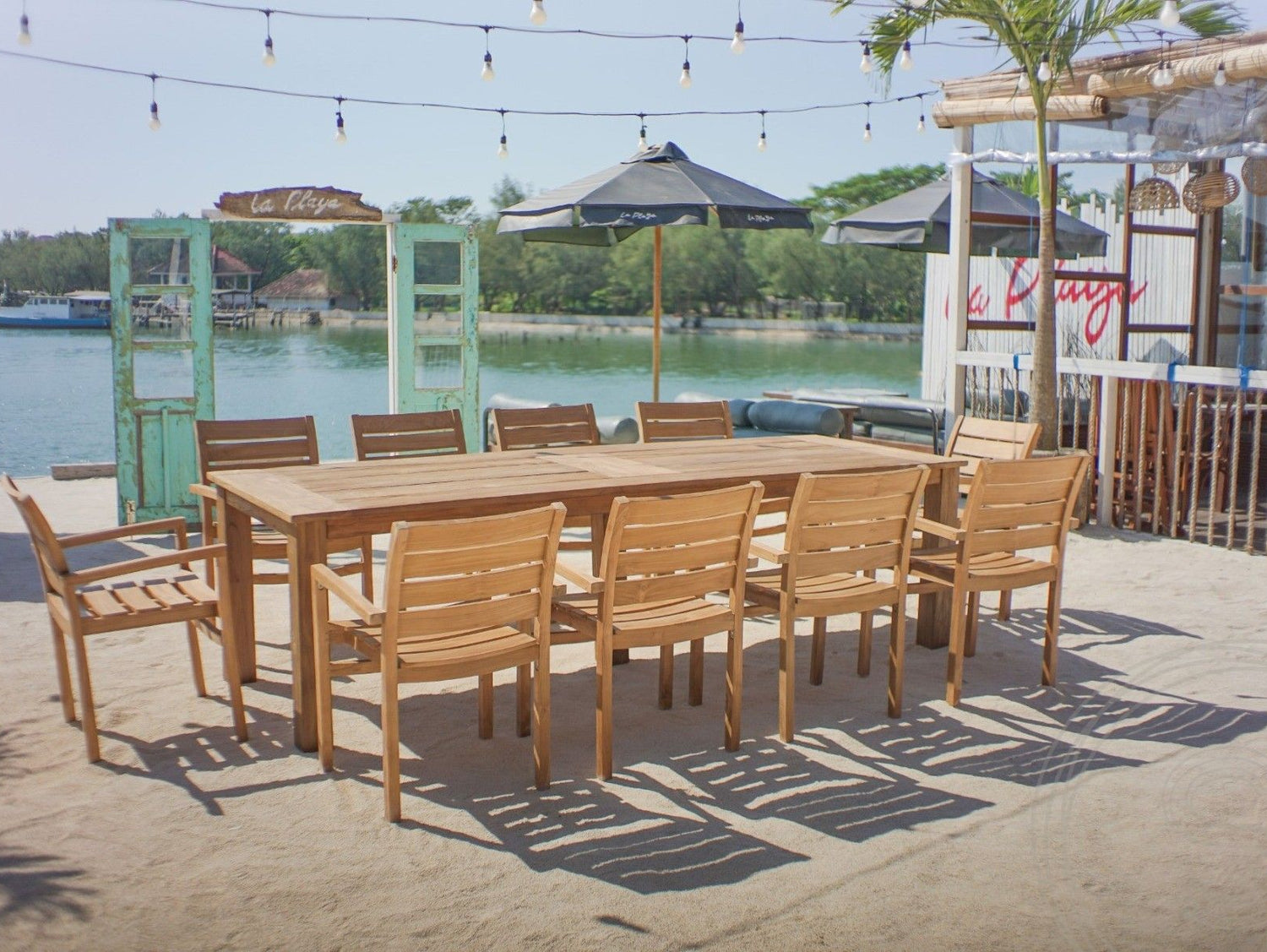 Teakholz Gartentisch 280 x 100 + 10 Gartenstühle Stacking