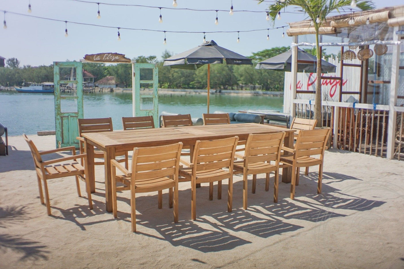 Teakholz Gartentisch 280 x 100 + 10 Gartenstühle Stacking