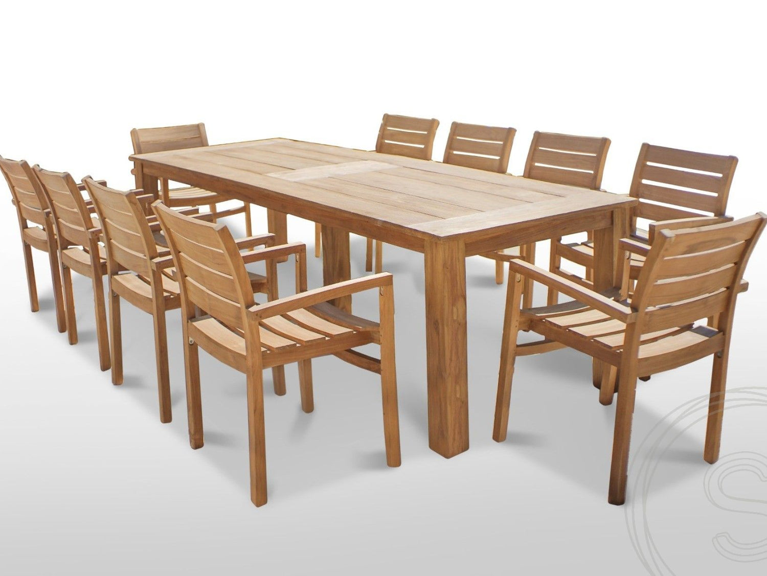 Teakholz Gartentisch 280 x 100 + 10 Gartenstühle Stacking