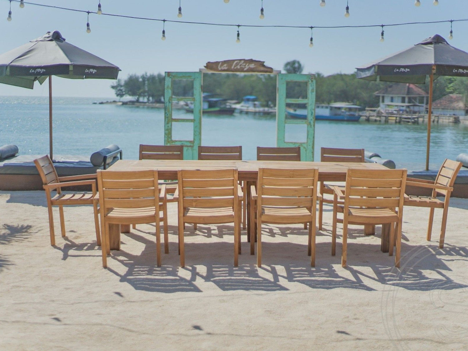 Teakholz Gartentisch 280 x 100 + 10 Gartenstühle Stacking