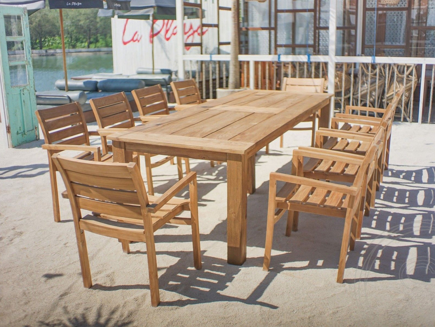 Teakholz Gartentisch 280 x 100 + 10 Gartenstühle Stacking