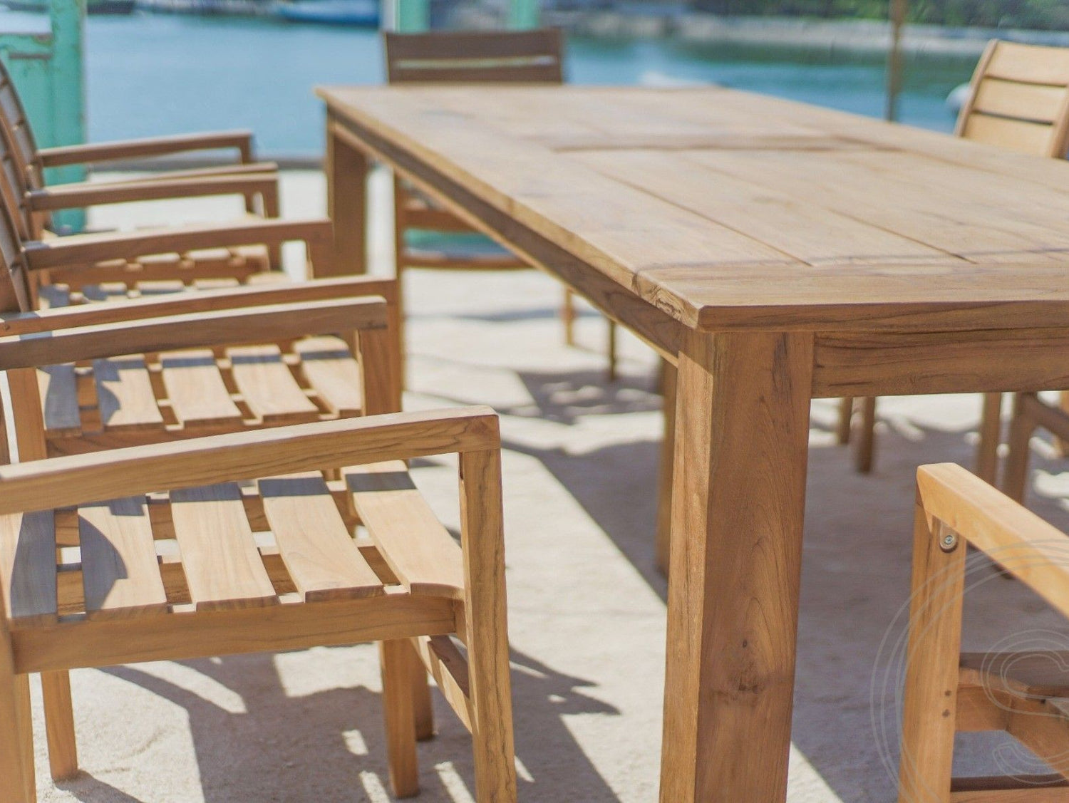 Teakholz Gartentisch 300 x 100 + 10 Gartenstühle Stacking