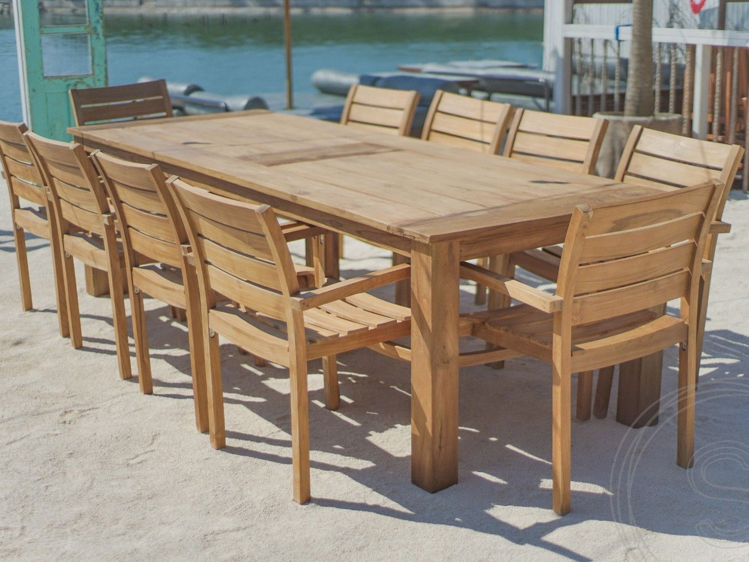 Teakholz Gartentisch 300 x 100 + 10 Gartenstühle Stacking
