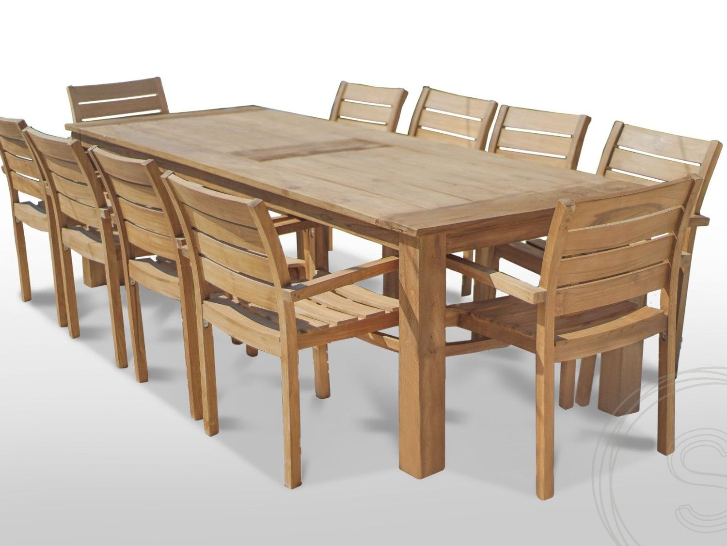 Teakholz Gartentisch 300 x 100 + 10 Gartenstühle Stacking