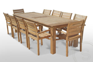Teakholz Gartentisch 300 x 100 + 10 Gartenstühle Stacking
