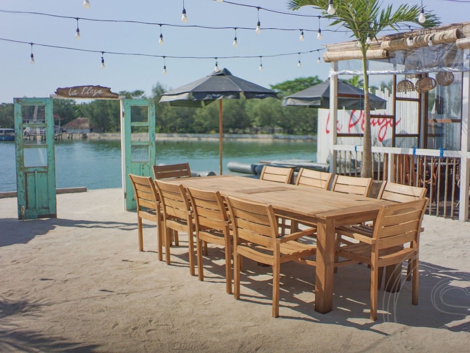 Teakholz Gartentisch 300 x 100 + 10 Gartenstühle Stacking