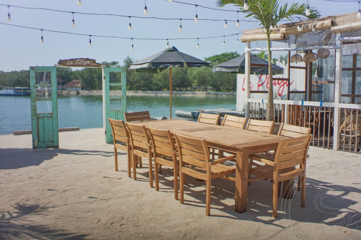 Teakholz Gartentisch 300 x 100 + 10 Gartenstühle Stacking