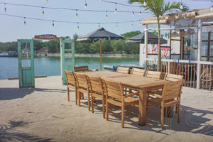 Teakholz Gartentisch 300 x 100 + 10 Gartenstühle Stacking