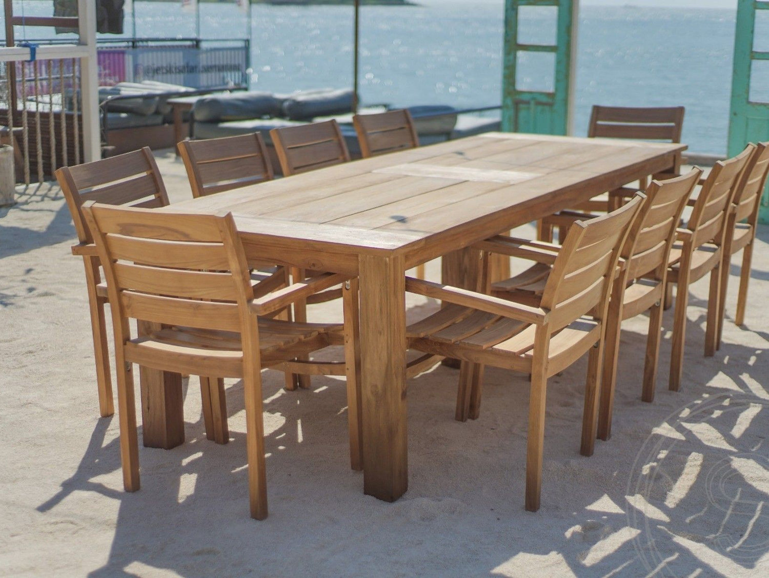 Teakholz Gartentisch 300 x 100 + 10 Gartenstühle Stacking