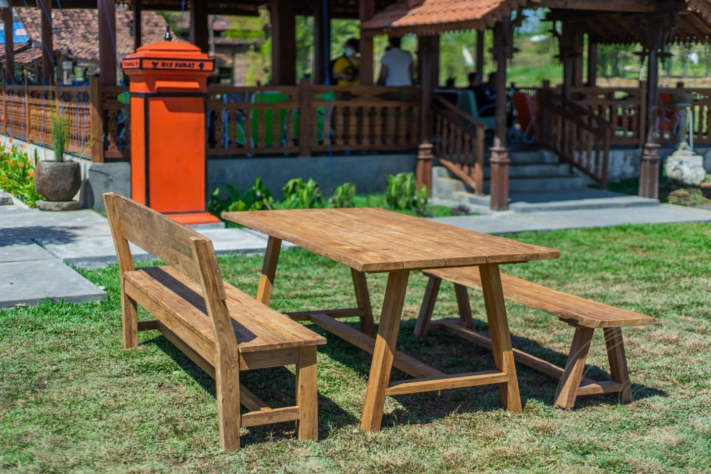 Teakholz Gartentisch Java 220 x 100 + 2 Teakholz Gartenbänke Java 220