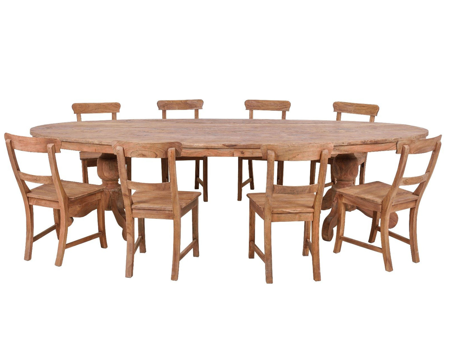 Ovale teak tafel 300x120cm oud hout