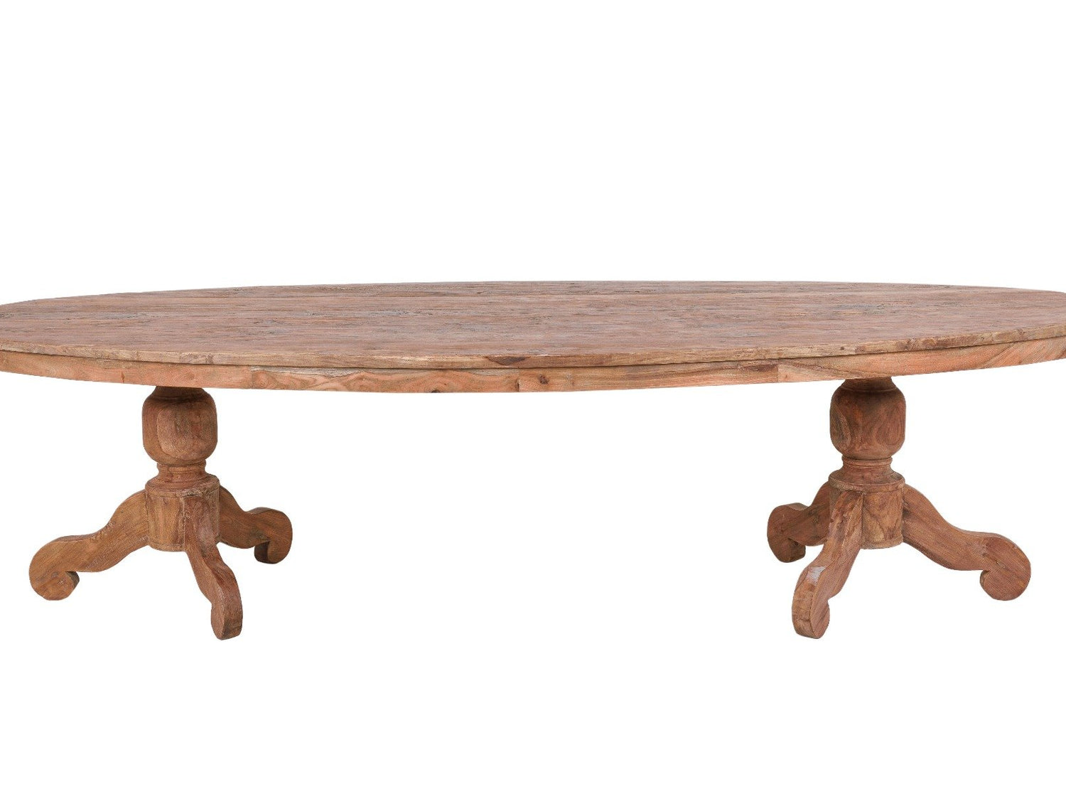 Ovale teak tafel 300x120cm oud hout