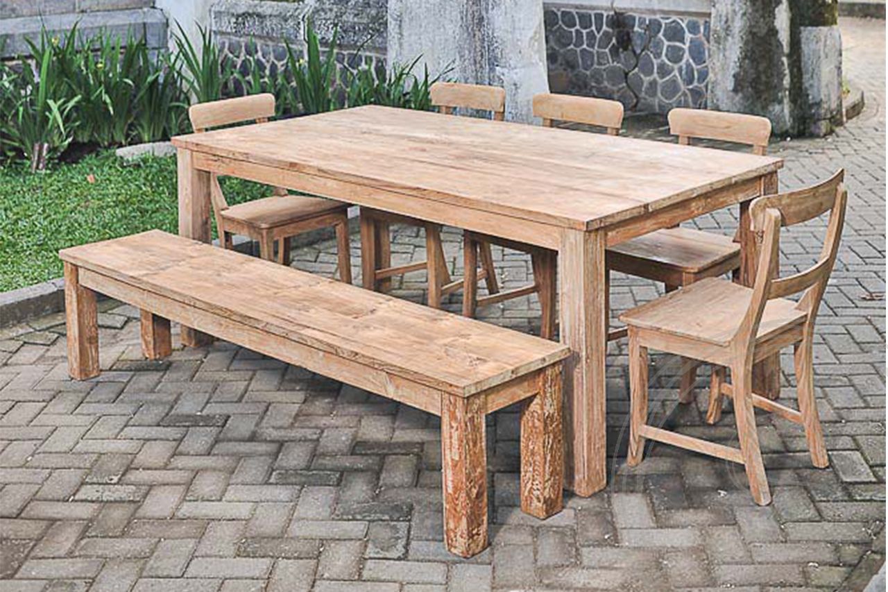 Teak Tisch 200x100cm + Bank 200cm + 5 Stuehle