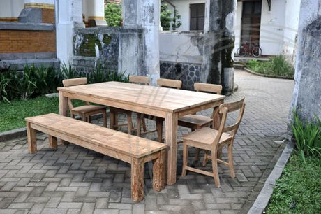 Teak Tisch 200x100cm + Bank 200cm + 5 Stuehle