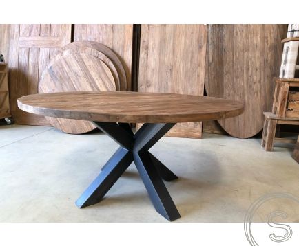 Ronde teak tafel stalen onderstel