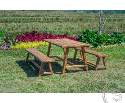 Teak garden table Java 180 x 90 + 2 Teak garden benches Java 180