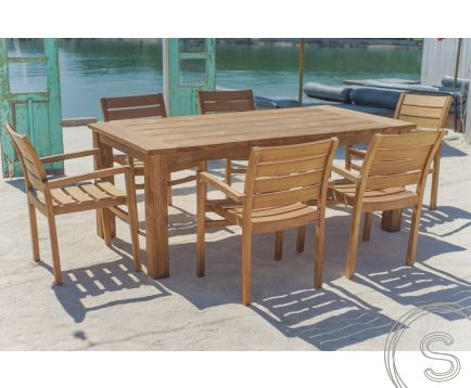 Teak garden table 200 x 100 + 6 garden chairs stacking