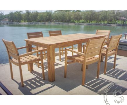 Teakholz Gartentisch 200 x 90 + 6 Gartenstühle Stacking
